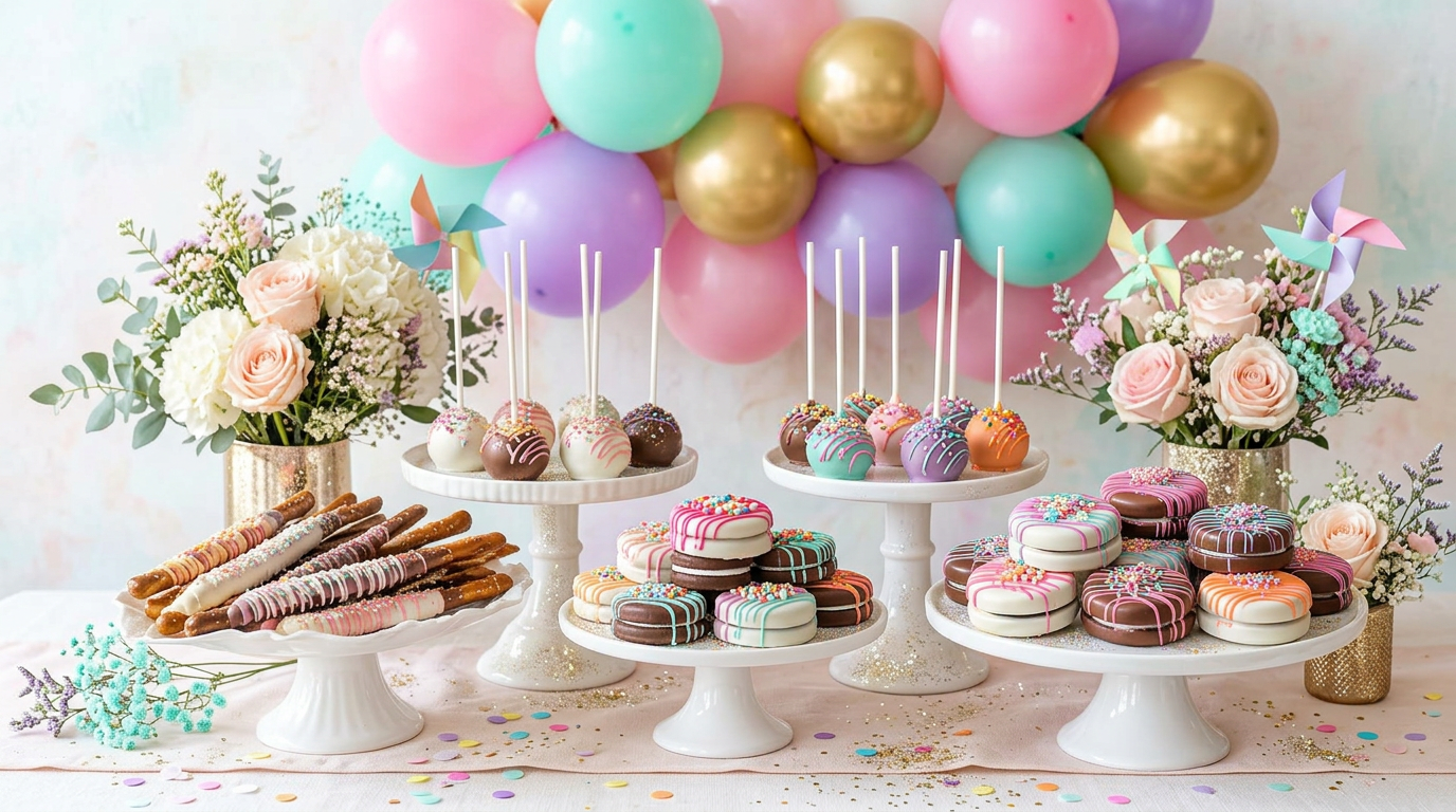 Styled dessert table with chocolate-covered Oreos, dipped pretzel rods and cake pops